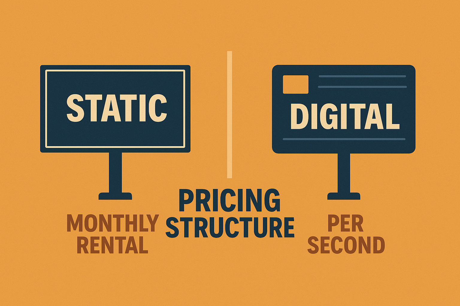Traditional OOH hoarding vs digital billboard comparison, Static hoarding display on highway vs animated DOOH screen, OOH vs DOOH advertising effectiveness graph, Digital out-of-home ad screen in urban location, Brand promotion using static hoardings in rural area, LED digital billboard showcasing real-time ad, DOOH screen with weather-triggered ad content, Side-by-side view of printed hoarding and digital screen, Cost comparison between OOH hoardings and DOOH, Audience engagement metrics for OOH and DOOH campaigns