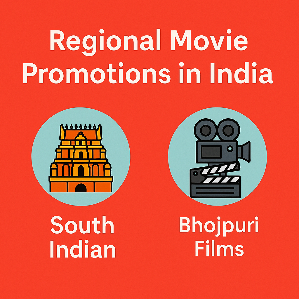 Regional Movie Promotions in India, Poster promoting South Indian movie in local language, Bhojpuri film billboard advertisement in regional market, Film promotion event for South Indian movie in Tamil Nadu, Regional influencers promoting Bhojpuri film on social media, Movie trailer launch event for South Indian film in Bangalore, Street marketing campaign for Bhojpuri film in Bihar