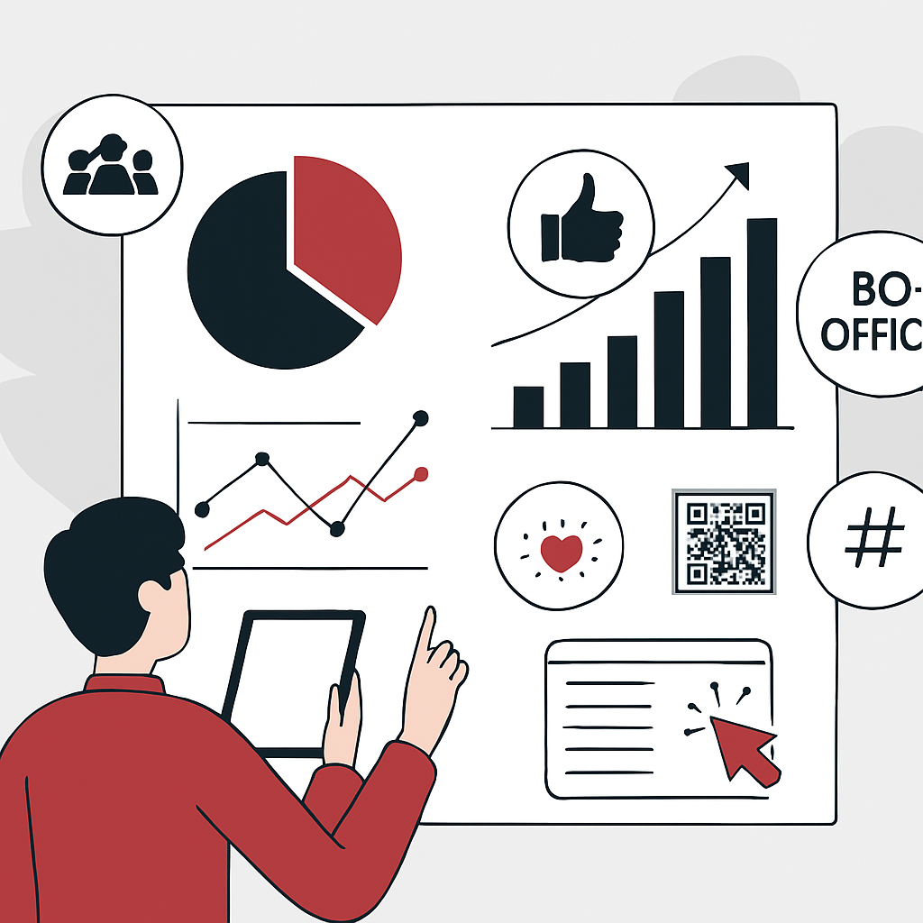 Box office growth chart after movie marketing campaign, Audience engagement with movie promo on social media, Movie trailer views as a result of marketing efforts, Crowd at movie premiere event after campaign launch, Influencer promoting movie on Instagram and YouTube, Billboard ad for movie campaign in urban area, QR code poster tracking movie campaign effectiveness