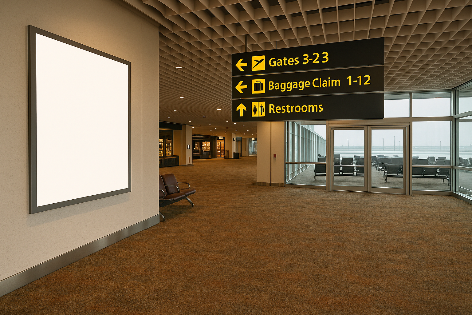 Airport advertising in India showing digital billboards, LED screens, and wall panels displaying brand ads across terminal and arrival areas for premium audience reach.