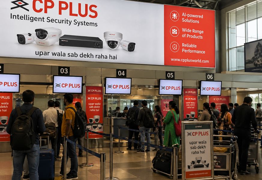 CP Plus transit media advertising displayed at check-in area of Coimbatore International Airport targeting passengers