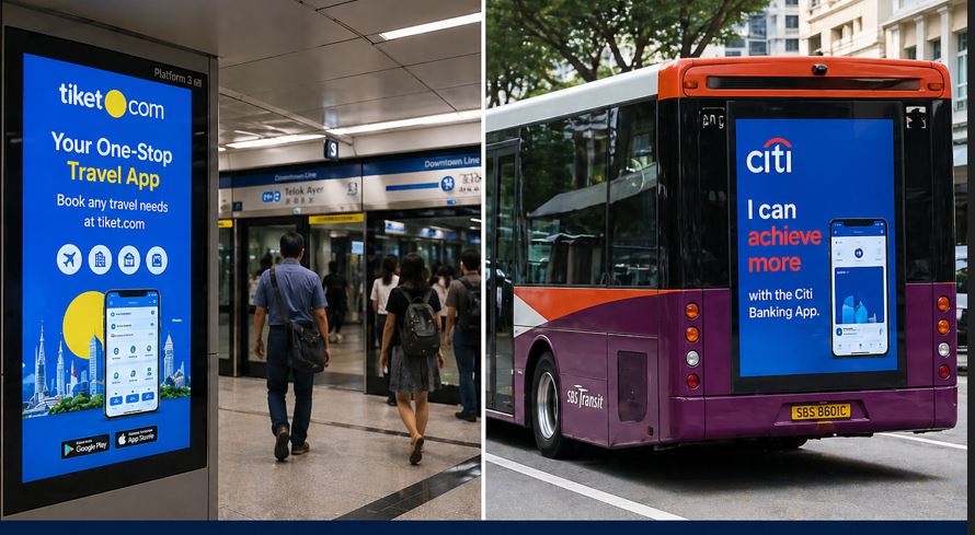 Digital out-of-home advertising screens in Singapore MRT station and branded bus showcasing dynamic transit media campaigns Caption Smart screens. Smarter targeting. 🚍📺 See how Stellar Ace is transforming transit media into a powerful data-driven DOOH ecosystem across Singapore. Description This image highlights the evolution of transit media powered by Stellar Ace across the Singapore MRT and bus network. Featuring high-definition digital screens within metro stations and impactful bus advertising formats, the campaign demonstrates how Digital Out-of-Home (DOOH) media is redefining urban brand engagement. By leveraging data-driven insights, real-time content updates, and strategic placement in high-traffic commuter zones, brands can deliver highly targeted and contextually relevant messaging. The combination of MRT station displays and moving bus media ensures continuous visibility, maximizing reach and frequency among daily commuters. This approach transforms traditional transit advertising into a dynamic branding engine—enhancing engagement, improving recall, and delivering measurable impact in a fast-paced city environment like Singapore. If you want, I can also create hashtags or LinkedIn post text for better engagement 👍