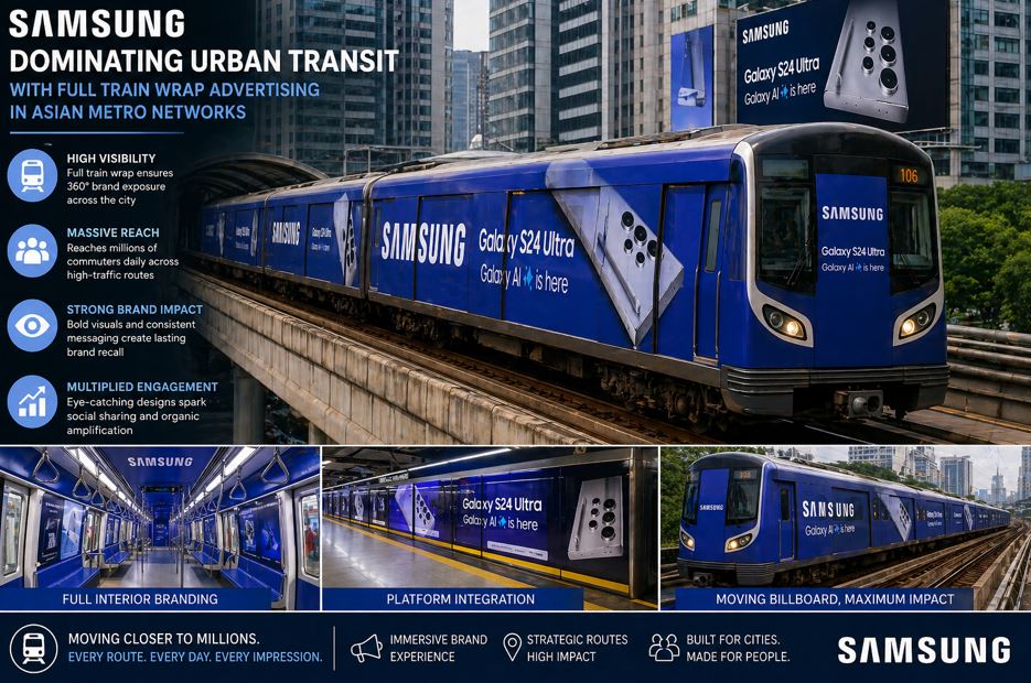 Samsung full train wrap advertising on metro train in Asian city showcasing high-impact transit branding