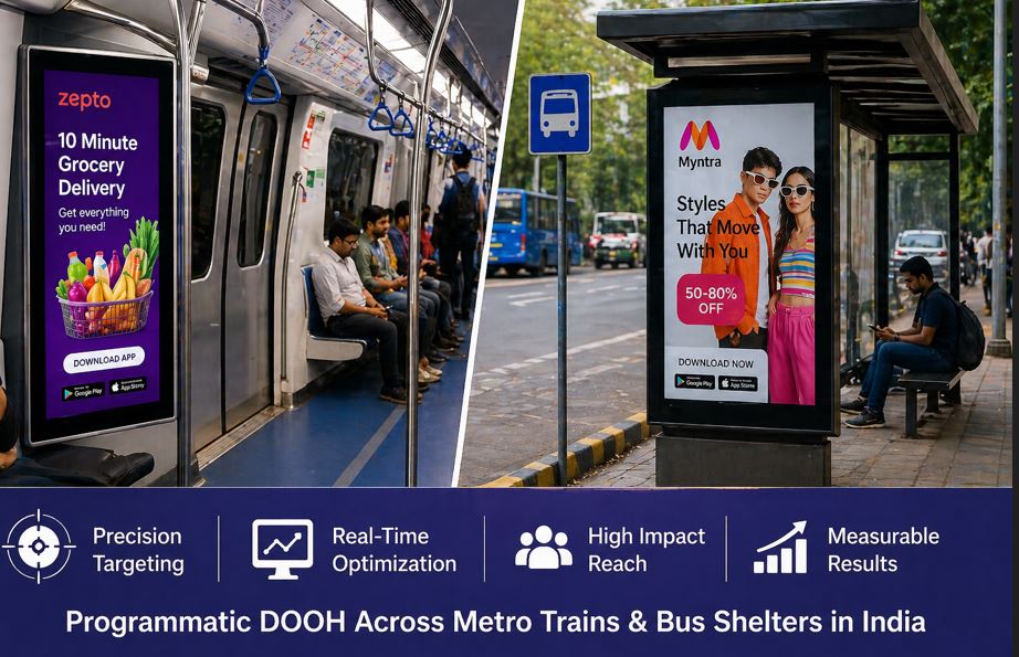 Digital advertising screens inside metro train and smart bus shelter in India displaying programmatic DOOH campaigns for targeted audience engagement