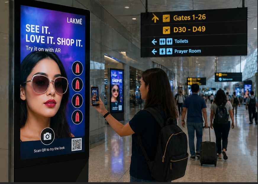 AI and AR powered digital advertising screen in a busy airport terminal with interactive DOOH campaign
