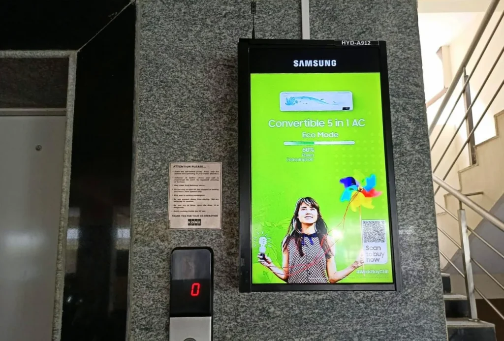 Samsung DOOH Lift Screen Ads in Hyderabad target apartment residents with high-impact digital advertising for appliances.