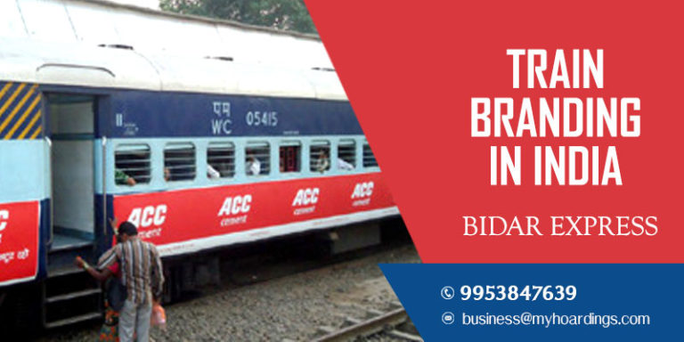 Train wrap branding on Bidar Express Train.Railway platform branding agency in Karnataka and Maharashtra.