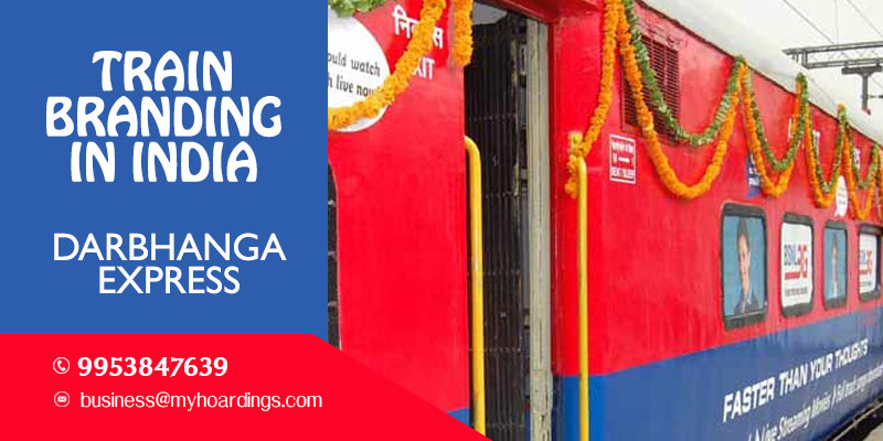 Train wrap ads on Darbhanga Express Train.Railway platform branding agency in Bihar and MP.