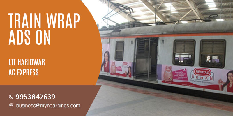 LTT Haridwar AC Express Train wrap advertising.Branding on trains in Delhi, Uttarakhand,MP and UP
