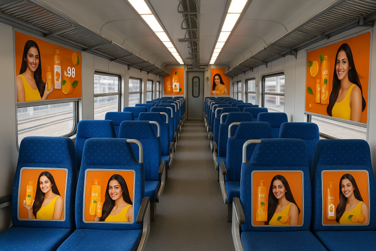 train interior branding, railway ads, in-train promotions, coach media, captive audience advertising