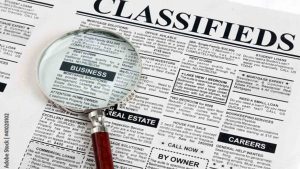classified newspaper ads, low-cost ad format, short text promotions, targeted print listings, public notice advertising