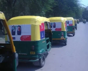 Branded auto rickshaws in Ghaziabad delivering high-frequency visibility and engaging urban commuters across key routes.