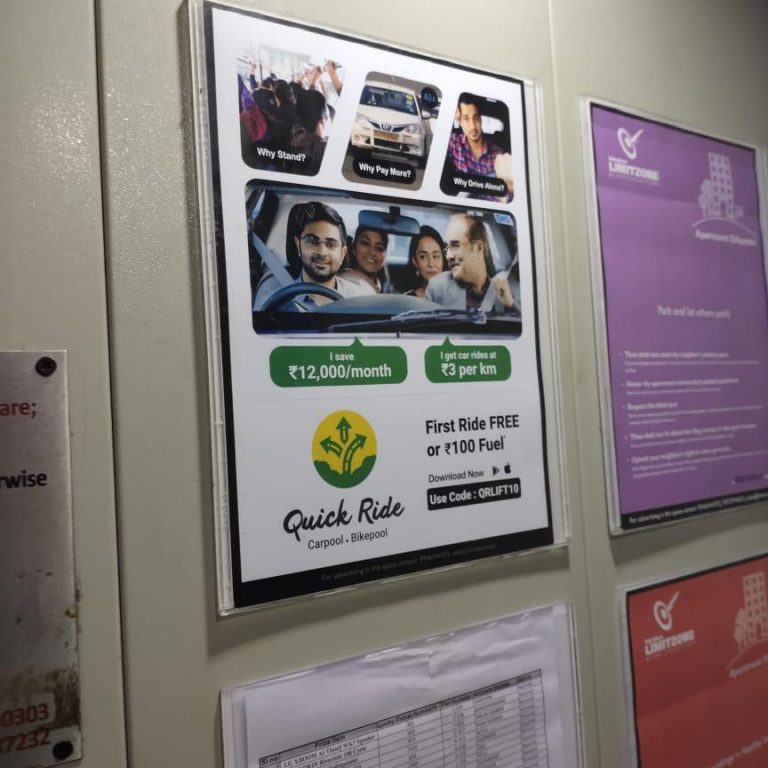QuickRide, elevator advertising, lift branding, Bangalore marketing, carpool promotion, MyHoardings