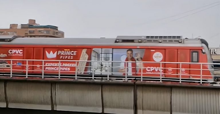Prince Pipes metro branding, Ahmedabad transit advertising, Metro wrap campaign, Outdoor brand visibility, Khushi Advertising project