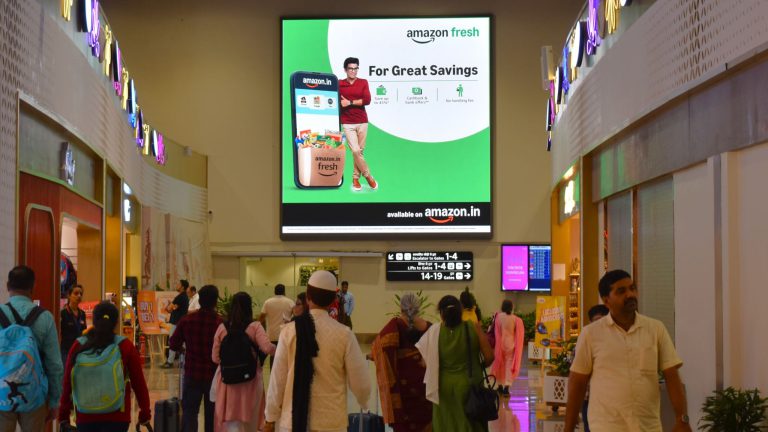 Airport Advertising India, Amazon Fresh Campaign, Lucknow Airport Ads, Digital Videowall Promotion, Retail Brand Visibility