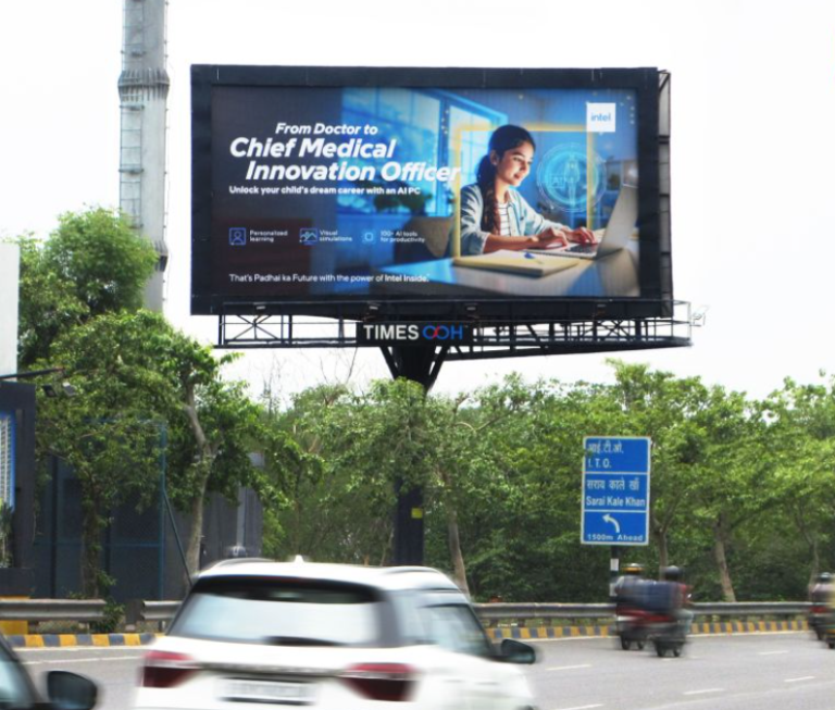 Intel outdoor campaign, DND Flyway ads, innovation corridor branding, tech OOH India, MyHoardings transit media