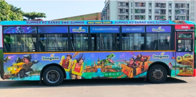 Imagicaa water park ads, MBMT bus campaign, transit branding India, full vinyl bus wrap, theme park OOH advertising