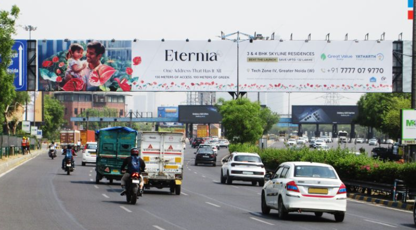 Eternia Residencies, DND Flyway Campaign, Luxury Real Estate OOH, Gantry Billboard India, MyHoardings, Outdoor Advertising Noida, Premium Property Ads, Real Estate Marketing, High Impact OOH, NCR Billboard Campaign