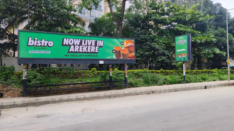 Bistro Blinkit, Blinkit campaign, Bangalore outdoor advertising, food delivery campaign, MyHoardings, student marketing, bus stop branding, OOH Bangalore, hyperlocal food delivery India