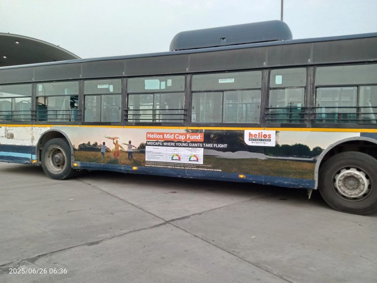 Helios Capital OOH, mutual fund outdoor ads, bus branding Bangalore, transit advertising India, MyHoardings financial marketing