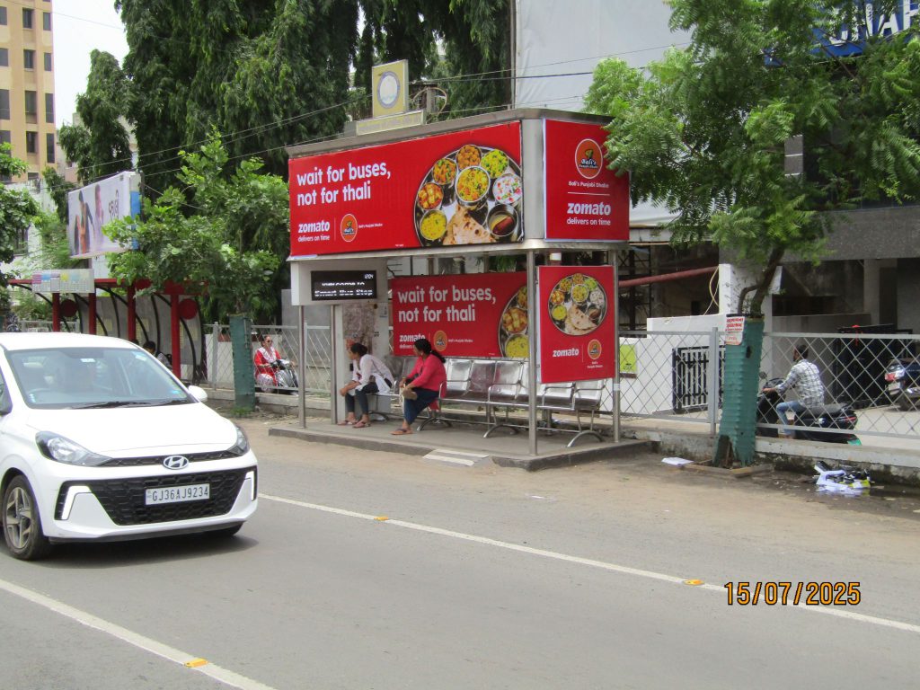 Zomato bus shelter branding in Rajkot – impactful outdoor advertising campaign for brand visibility
