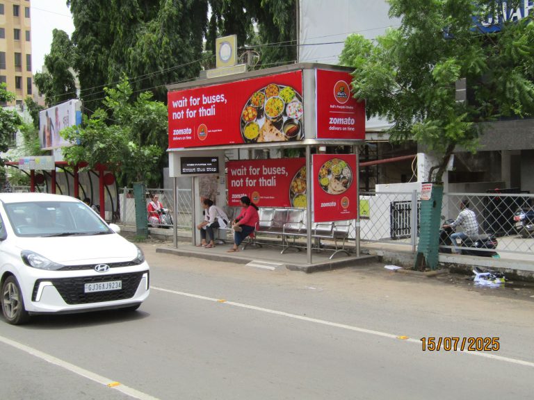 Zomato bus shelter branding in Rajkot – impactful outdoor advertising campaign for brand visibility