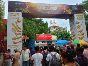 Kolkata Durga Puja 2025 pandal branding and outdoor advertising showcasing major brand campaigns during the festive season