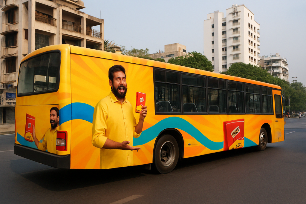 bus branding campaign, transit media India, outdoor advertising, bus wrap marketing, moving billboards, MyHoardings, brand promotion