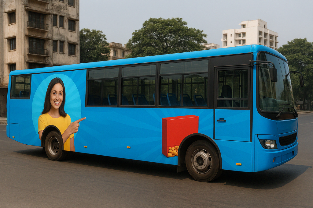 bus branding campaign, transit media India, outdoor advertising, bus wrap marketing, moving billboards, MyHoardings, brand promotion