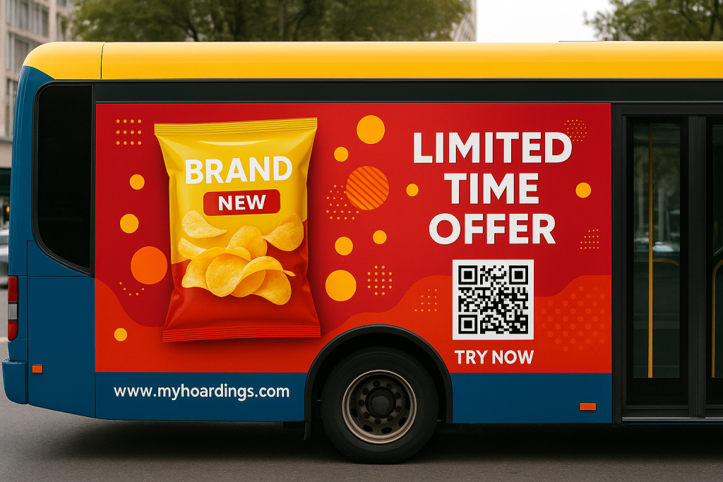 product promotion bus branding, bus advertising India, transit media, outdoor marketing, moving billboards, MyHoardings, brand visibility