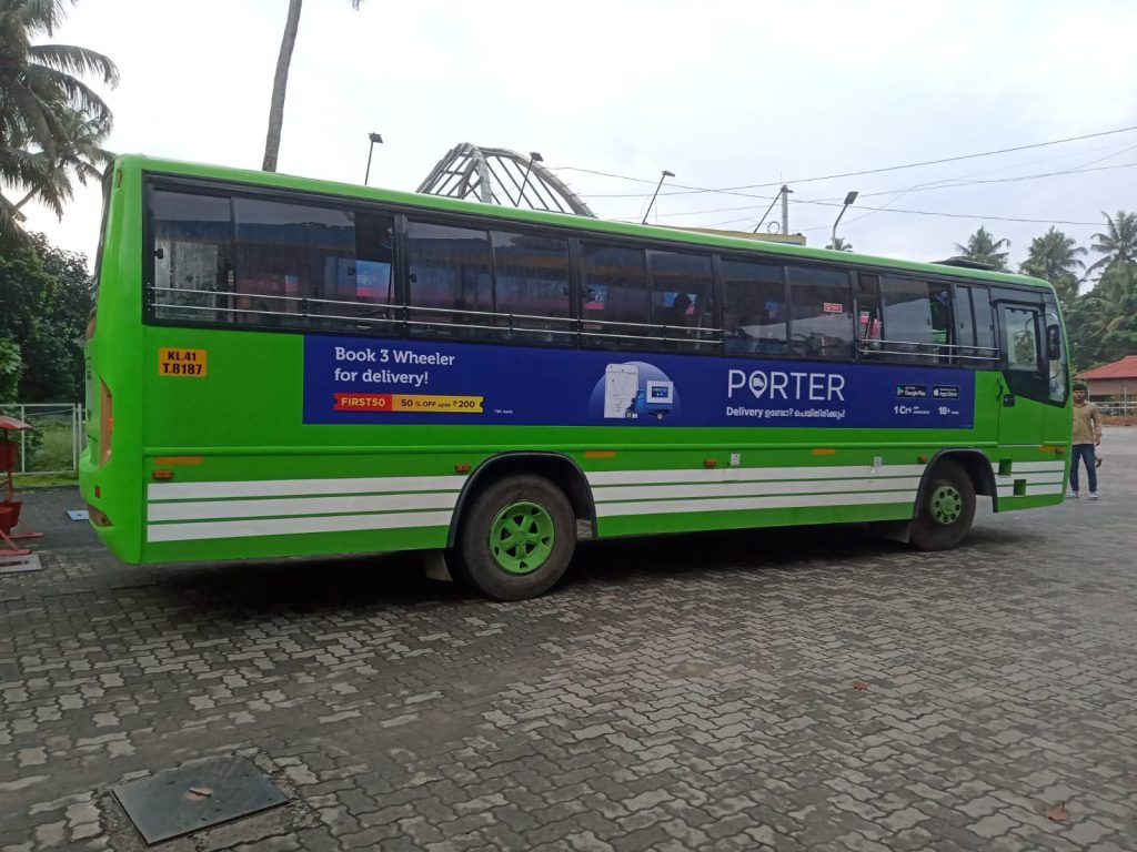 Kochi bus advertising, Porter bus wrap Kochi, transit media Kerala, vehicle branding, outdoor advertising, MyHoardings, Kochi brand promotion