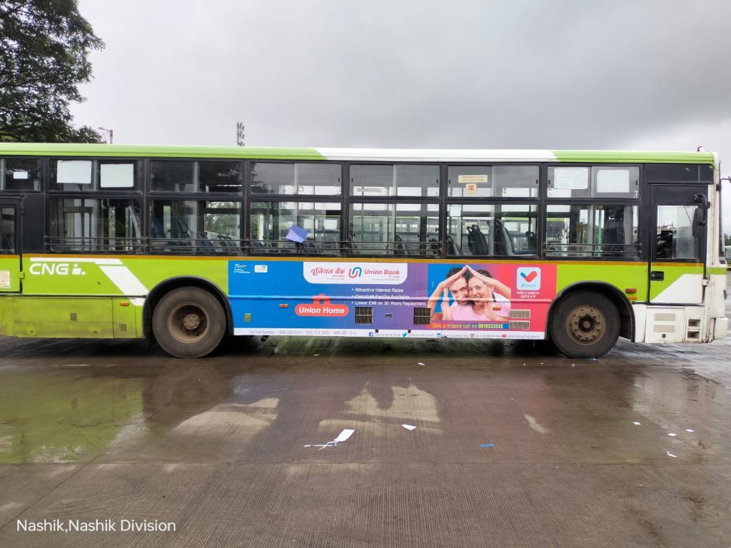 Nashik bus advertising, bus branding Nashik, transit media Maharashtra, outdoor advertising, bus wrap marketing, MyHoardings, Nashik brand promotion