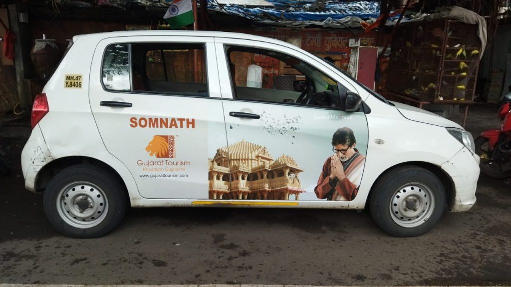 Gujarat Tourism’s car wrap ad showcases Somnath’s heritage, blending culture and OOH innovation in India.