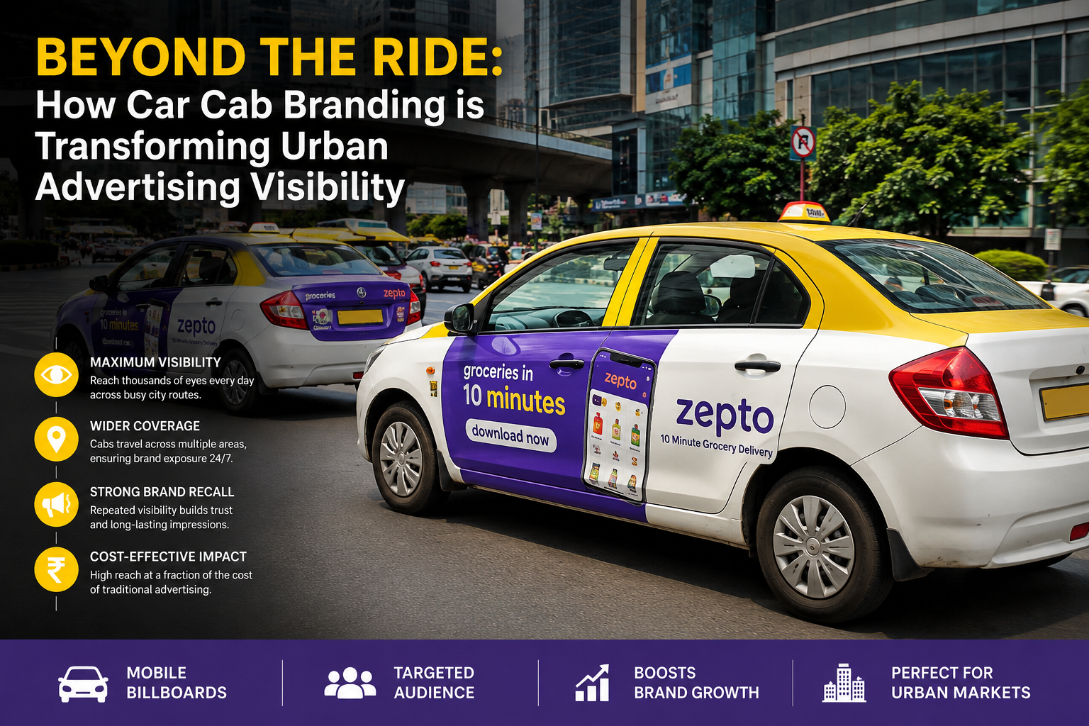 Branded taxi cabs driving through a busy urban business district, showcasing car cab branding as a powerful mobile advertising solution for increasing brand visibility and audience reach.